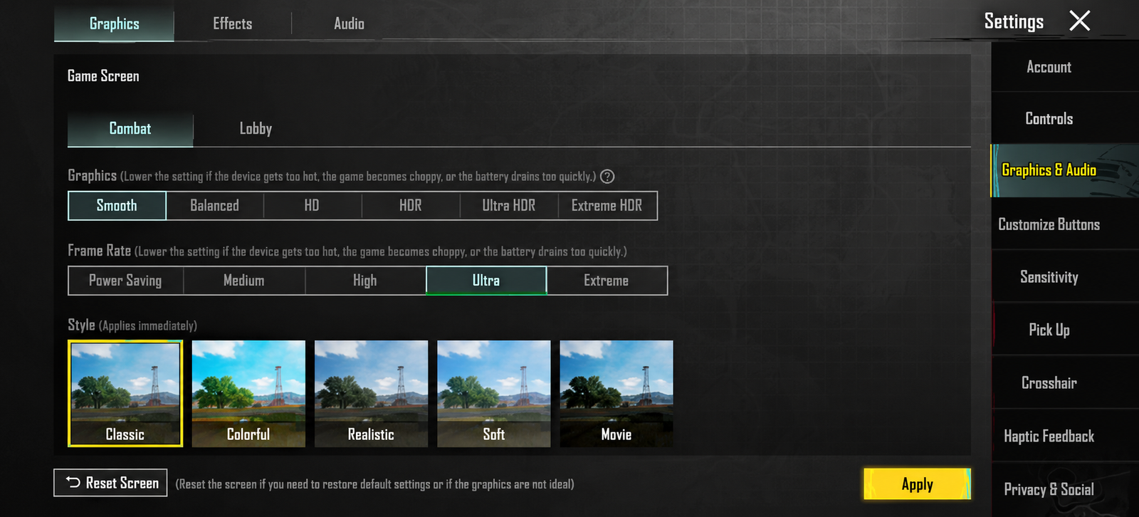 BGMI settings on a Samsung phone
