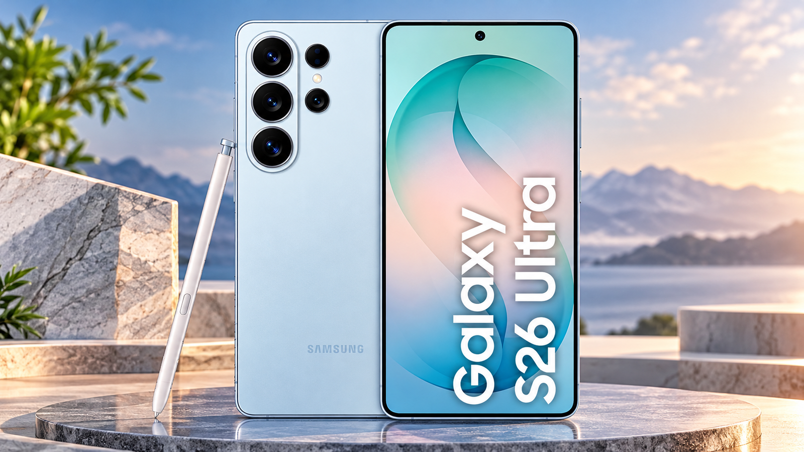 Samsung Galaxy S26 Ultra in light blue showing front and back views with S Pen against a premium mountain landscape background