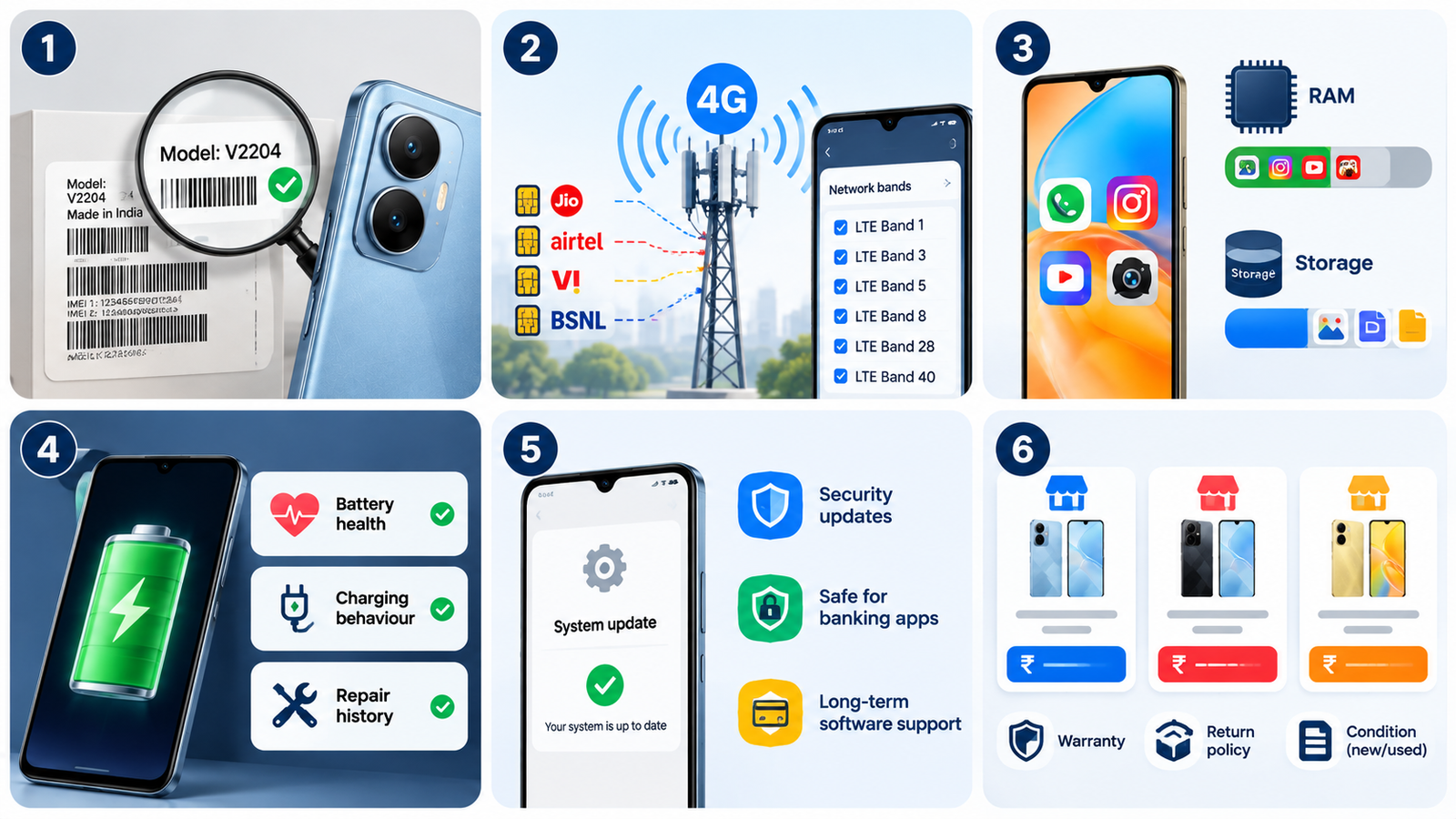 Infographic showing six tips for choosing the right Vivo 4G mobile phone: verify the exact model number, check 4G band compatibility, compare RAM and storage, inspect battery health and repair history, check software updates and security support, and compare prices, warranty, return policies, and phone condition.