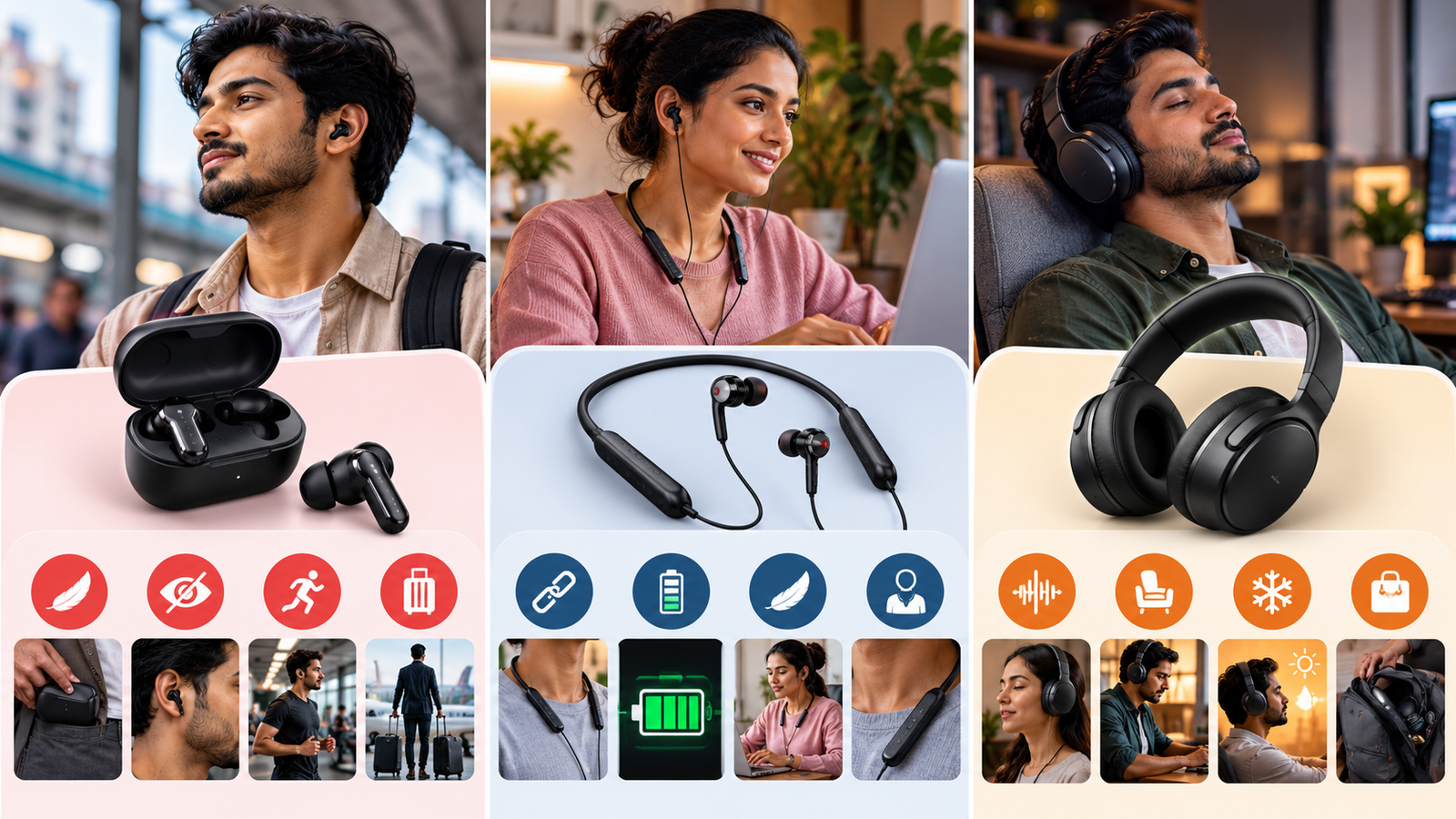 Comparison infographic showing wireless earbuds, a Bluetooth neckband, and over-ear headphones, highlighting portability, battery life, comfort, noise cancellation, and suitability for commuting, work, travel, and long listening sessions.