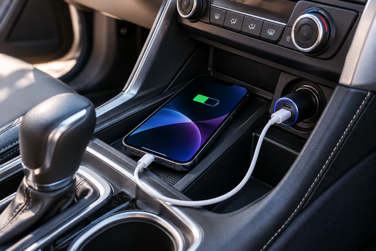 iPhone connected to a USB-C car charger