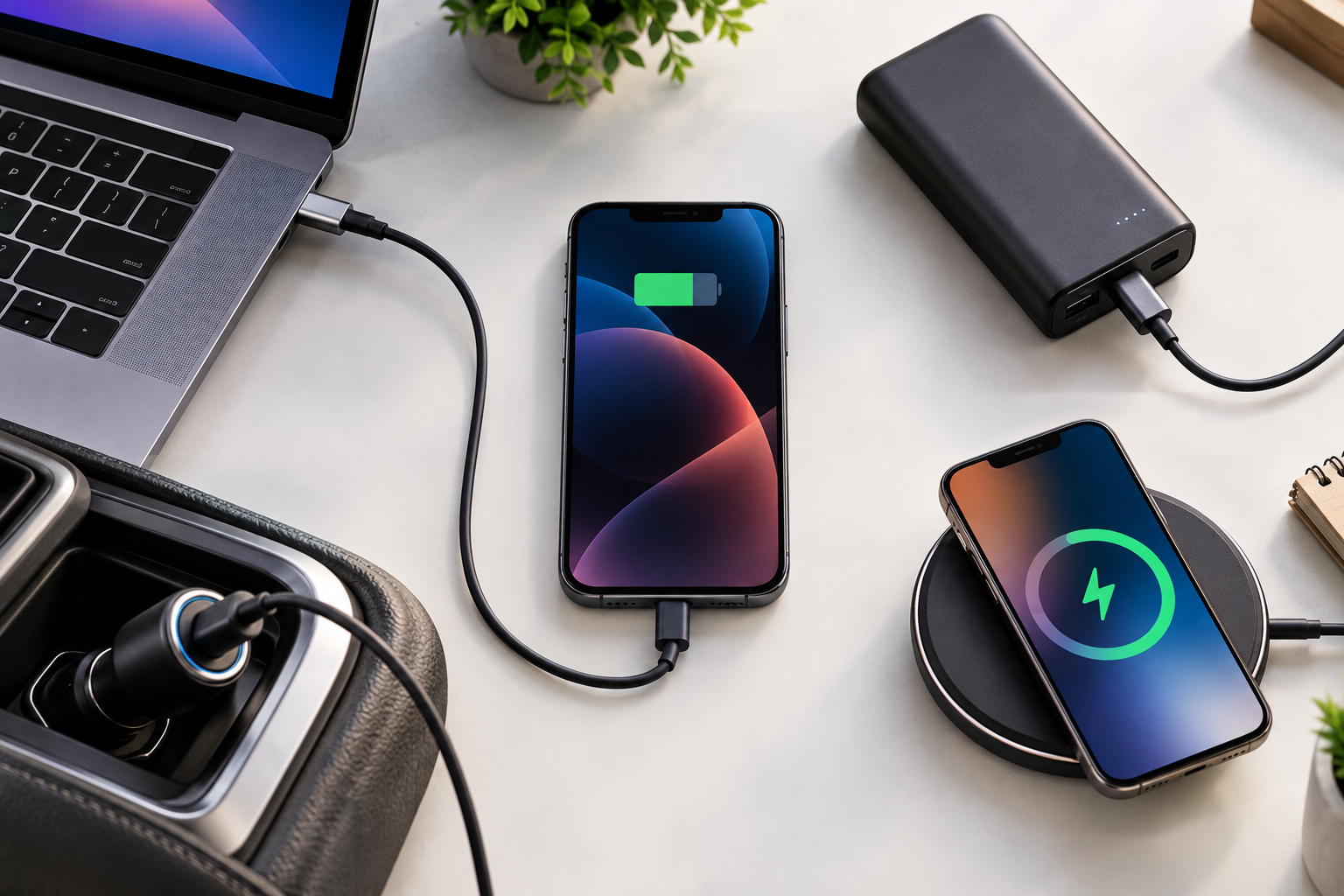 Comparison of laptop, power bank, car and wireless iPhone charging methods