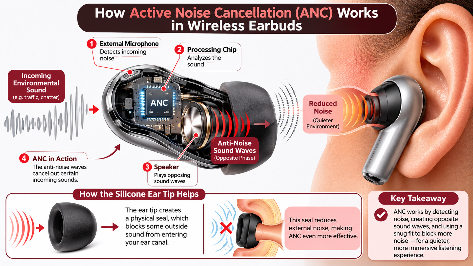 Illustration explaining how active noise cancellation works in wireless earbuds