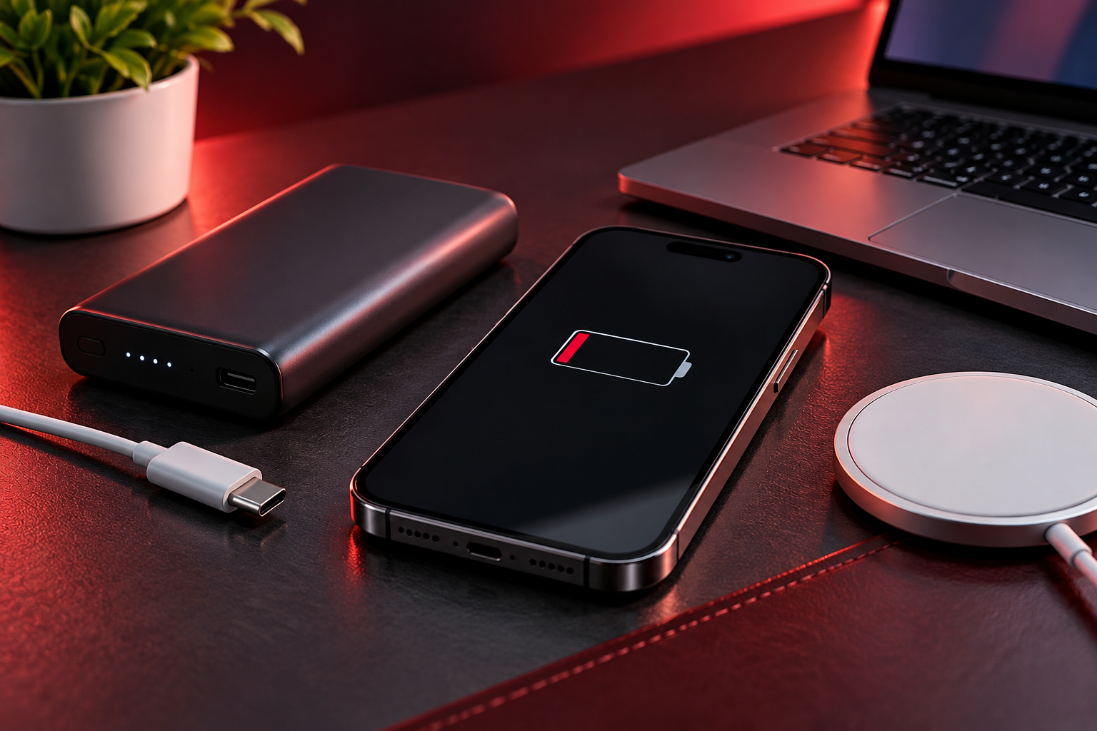 iPhone with low battery beside alternative charging methods