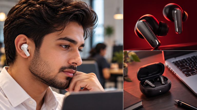 A man wearing wireless noise-cancelling earbuds while working in a modern office, alongside premium black earbuds and a charging case on a desk.