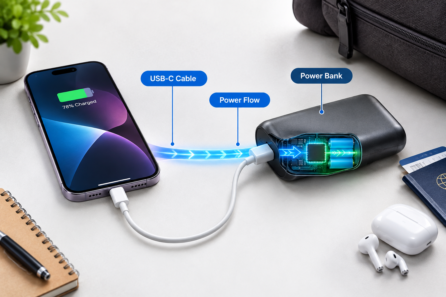 Charging an iPhone using a portable USB-C power bank
