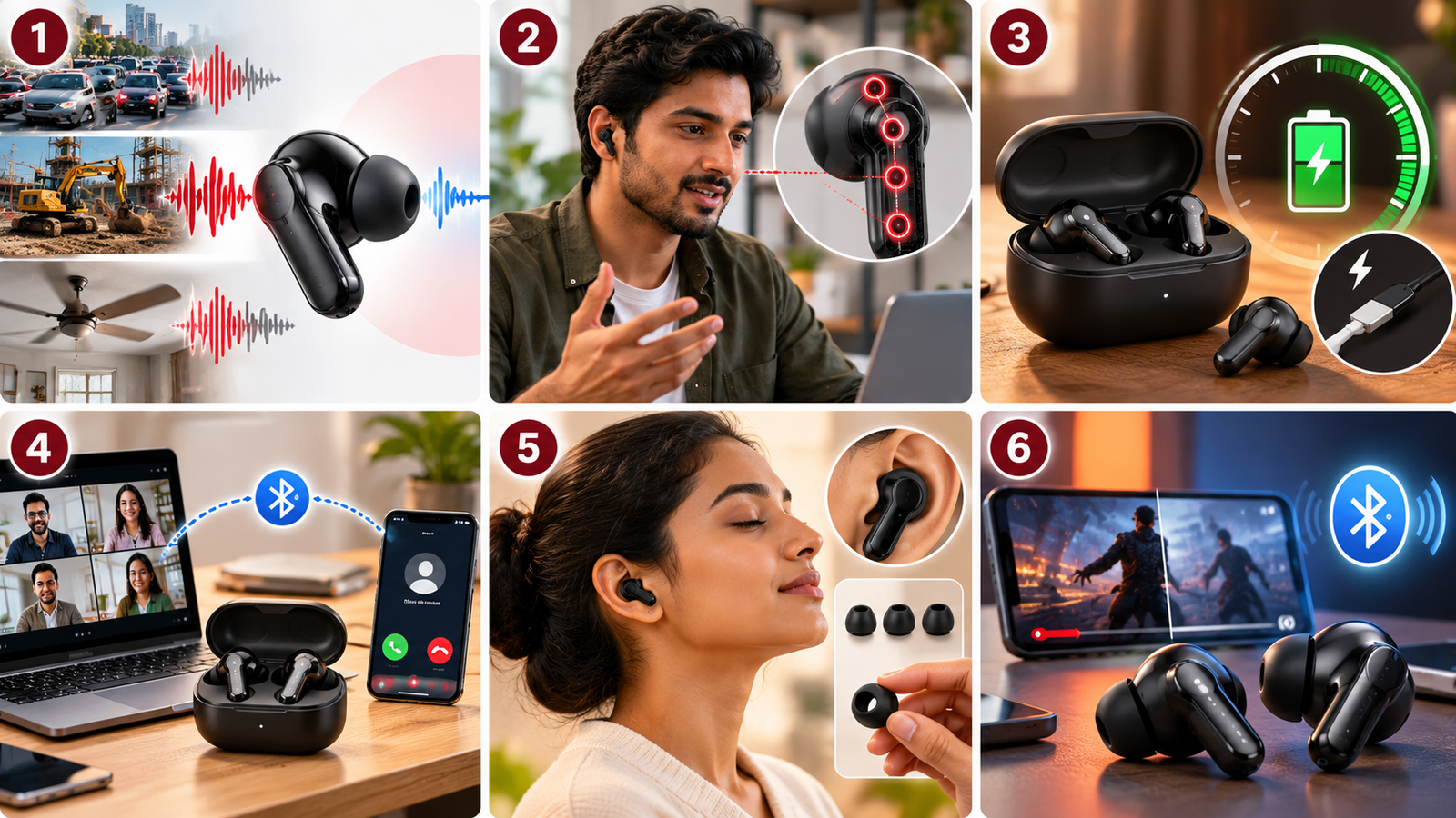 Infographic illustrating six key features to look for in noise-cancelling earbuds for work: effective active noise cancellation, clear call quality, all-day battery life, multipoint connectivity, long-wearing comfort, and stable Bluetooth with low latency.