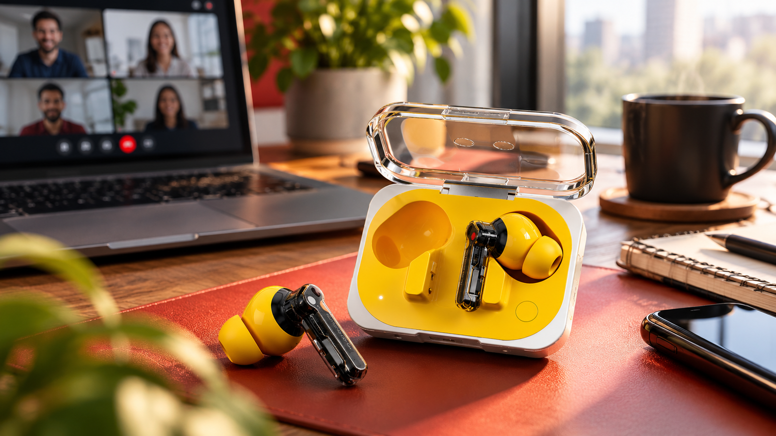 Wireless noise cancelling earbuds and charging case on a home office desk beside a laptop
